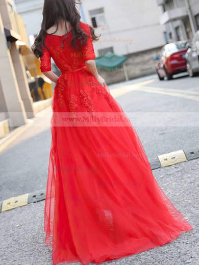Princess V-neck Tulle Floor-length Appliques Lace Prom Dresses #Milly020103229