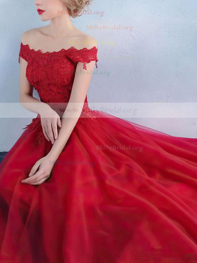 Princess Off-the-shoulder Tulle Floor-length Appliques Lace Prom Dresses #Milly020103235