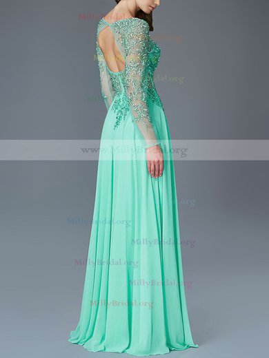 A-line Scoop Neck Chiffon Floor-length Appliques Lace Prom Dresses #Milly020103242
