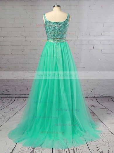 Princess Square Neckline Tulle Sweep Train Crystal Detailing Prom Dresses #Milly020103321