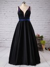 Modest Princess V-neck Satin Floor-length Beading Black Backless Plus Size Prom Dresses #Milly020103394