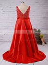 Fabulous A-line V-neck Satin Sweep Train Beading Red Plus Size Prom Dresses #Milly020103398