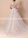Princess V-neck Tulle Court Train Appliques Lace Prom Dresses #Milly020103499