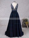 A-line V-neck Satin Sweep Train Beading Prom Dresses #Milly020103534