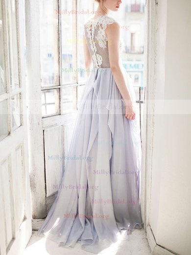 A-line Scoop Neck Chiffon Sweep Train Appliques Lace Prom Dresses #Milly020103643
