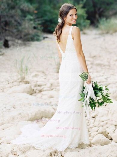 Elegant Trumpet/Mermaid V-neck Lace Sweep Train Ruffles Backless Wedding Dresses #Milly00022797