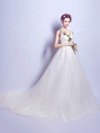 Beautiful Ball Gown V-neck Tulle Chapel Train Appliques Lace Ivory Wedding Dresses #Milly00022799