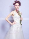 Beautiful Ball Gown V-neck Tulle Chapel Train Appliques Lace Ivory Wedding Dresses #Milly00022799
