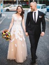 New A-line Scoop Neck Tulle Floor-length Appliques Lace Champagne Long Sleeve Wedding Dresses #Milly00022808
