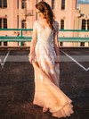 New A-line Scoop Neck Tulle Floor-length Appliques Lace Champagne Long Sleeve Wedding Dresses #Milly00022808