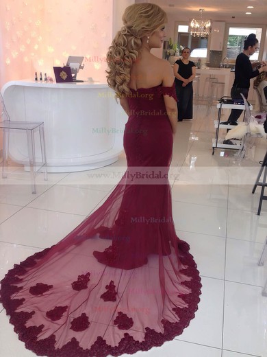 Trumpet/Mermaid Off-the-shoulder Tulle Court Train Appliques Lace Burgundy Sexy Wedding Dresses #Milly00022809
