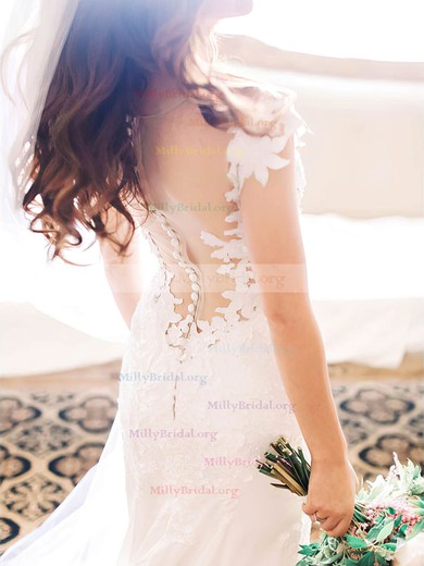 Sheath/Column Scoop Neck Tulle Silk-like Satin Sweep Train Appliques Lace Newest Wedding Dresses #Milly00022819