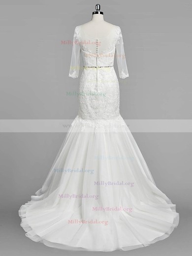 Modest Trumpet/Mermaid Scoop Neck Tulle Sweep Train Appliques Lace 3/4 Sleeve Wedding Dresses #Milly00022833