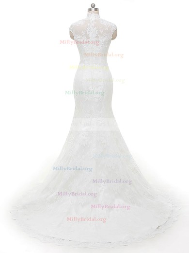 Trumpet/Mermaid High Neck Tulle Sweep Train Appliques Lace Famous Wedding Dresses #Milly00022846