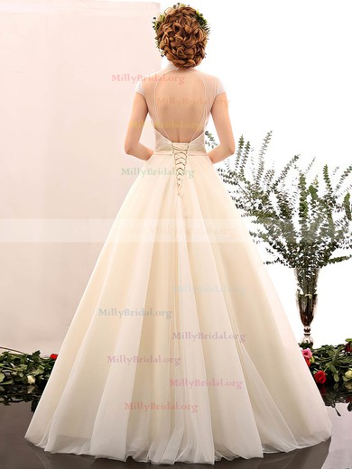 Fabulous Ball Gown High Neck Tulle Floor-length Beading Open Back Wedding Dresses #Milly00022848