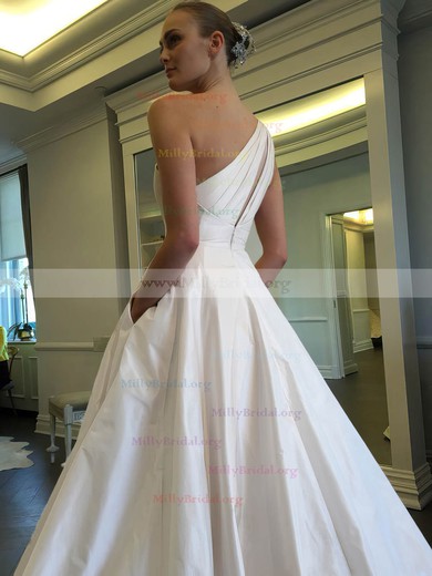Ball Gown One Shoulder Satin Sweep Train Ruffles Classic Wedding Dresses #Milly00022855