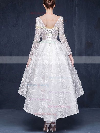 A-line Scoop Neck Lace Asymmetrical Beading Long Sleeve High Low Different Wedding Dresses #Milly00022863