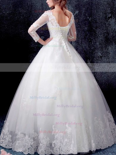 Ball Gown V-neck Tulle Floor-length Appliques Lace White 3/4 Sleeve Prettiest Wedding Dresses #Milly00022871