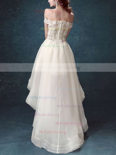 Different A-line Off-the-shoulder Organza Tulle Asymmetrical Appliques Lace High Low Wedding Dresses #Milly00022882