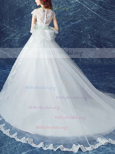 Ball Gown V-neck Tulle Court Train Appliques Lace Cap Straps Beautiful Wedding Dresses #Milly00022883