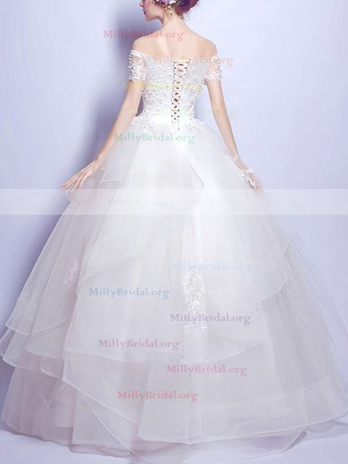 Sweet Ball Gown Off-the-shoulder Organza Tulle Floor-length Pearl Detailing Short Sleeve Wedding Dresses #Milly00022889