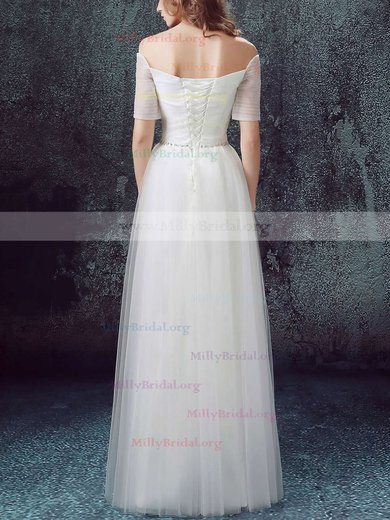 Famous A-line Off-the-shoulder Tulle Floor-length Ruffles Short Sleeve Wedding Dresses #Milly00022890