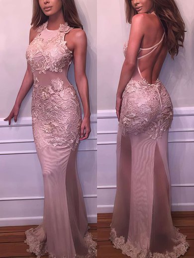 Trumpet/Mermaid Scoop Neck Tulle Floor-length Appliques Lace Prom Dresses #Milly020103669