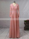 A-line V-neck Chiffon Sweep Train Appliques Lace Prom Dresses #Milly020103677