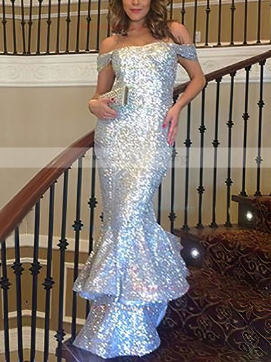 Trumpet/Mermaid Off-the-shoulder Sequined Floor-length Ruffles Prom Dresses #Milly020103688