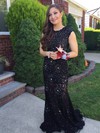 Sheath/Column Scoop Neck Lace Sweep Train Beading Prom Dresses #Milly020103693