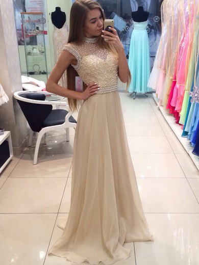 A-line High Neck Chiffon Sweep Train Crystal Detailing Prom Dresses #Milly020103774
