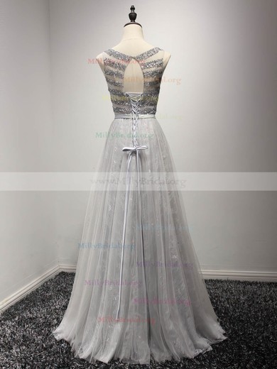 A-line Scoop Neck Tulle Lace Floor-length Sashes / Ribbons Prom Dresses #Milly020103780