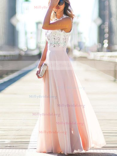 A-line Scoop Neck Lace Chiffon Floor-length Beading Prom Dresses #Milly020103784