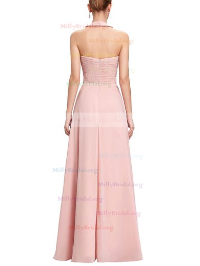 A-line Halter Chiffon Floor-length with Flower(s) Bridesmaid Dresses #Milly01013396