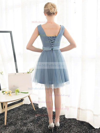 A-line V-neck Tulle Short/Mini with Sashes / Ribbons Bridesmaid Dresses #Milly01013399