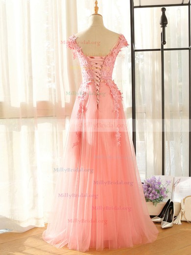 A-line Scoop Neck Tulle Floor-length with Appliques Lace Bridesmaid Dresses #Milly01013407