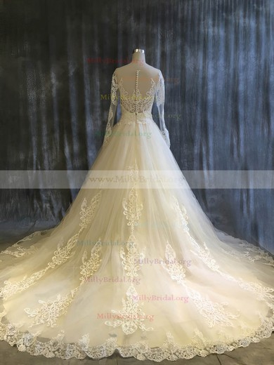 Ball Gown Scoop Neck Tulle Chapel Train with Appliques Lace Wedding Dresses #Milly00022913