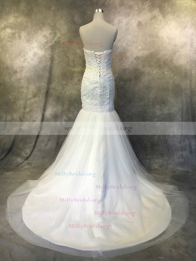 Trumpet/Mermaid Strapless Tulle Court Train with Flower(s) Wedding Dresses #Milly00022940
