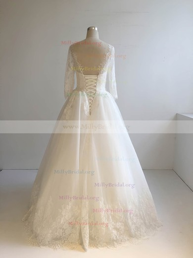 Ball Gown Scoop Neck Tulle Floor-length with Appliques Lace Wedding Dresses #Milly00022948