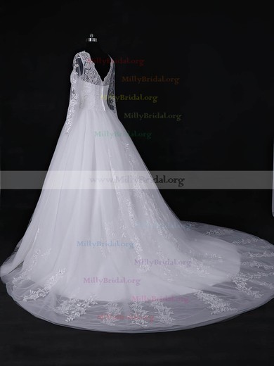 Ball Gown Scalloped Neck Tulle Court Train with Appliques Lace Wedding Dresses #Milly00022967