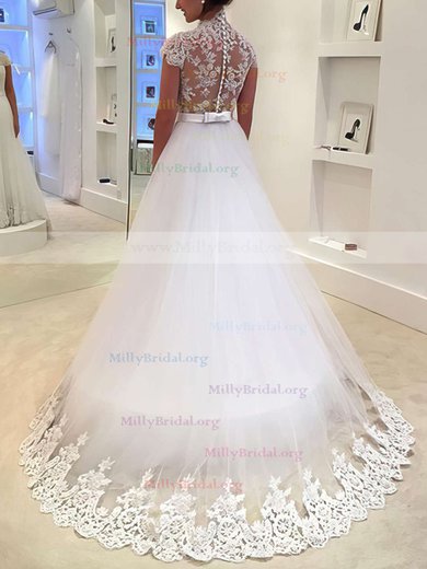 Princess V-neck Tulle Sweep Train with Sashes / Ribbons Wedding Dresses #Milly00022982