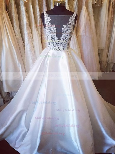 Ball Gown Scoop Neck Satin Tulle Sweep Train with Appliques Lace Wedding Dresses #Milly00022984
