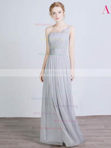 A-line One Shoulder Chiffon Silk-like Satin Floor-length with Split Front Bridesmaid Dresses #Milly01013429