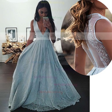 Princess V-neck Tulle Floor-length Beading Prom Dresses #Milly020104343