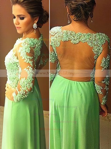 A-line Scoop Neck Chiffon Tulle Floor-length Appliques Lace Prom Dresses #Milly020104448