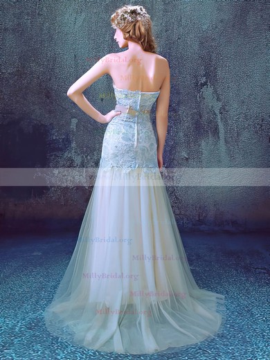 Trumpet/Mermaid Sweetheart Tulle Sweep Train with Appliques Lace Wedding Dresses #Milly00023012