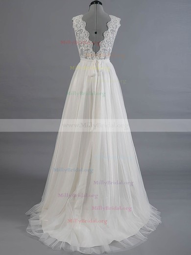 A-line V-neck Tulle Sweep Train with Appliques Lace Wedding Dresses #Milly00023017
