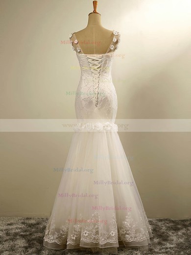 Trumpet/Mermaid V-neck Tulle Floor-length with Flower(s) Wedding Dresses #Milly00023029