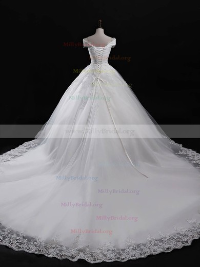 Ball Gown V-neck Tulle Cathedral Train with Appliques Lace Wedding Dresses #Milly00023040