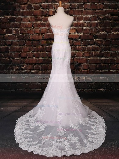 Trumpet/Mermaid Sweetheart Tulle Sweep Train with Appliques Lace Wedding Dresses #Milly00023043